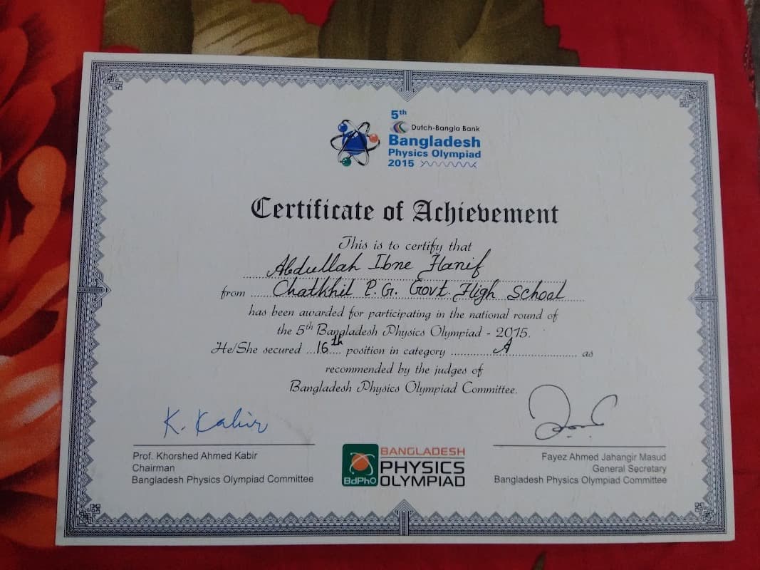 16th Position, Bangladesh Physics Olympiad National Round — Junior